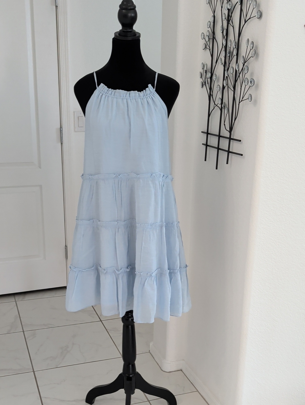 She + Sky Sleeveless Tiered Romantic and Feminine Dress Light Baby Blue S Small